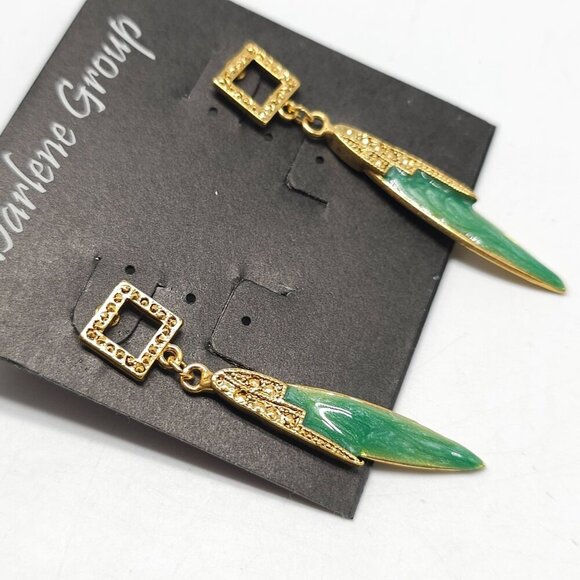 Darlene Group Green Enamel Gold Dangle Earrings Art Deco Style - Picture 2 of 4